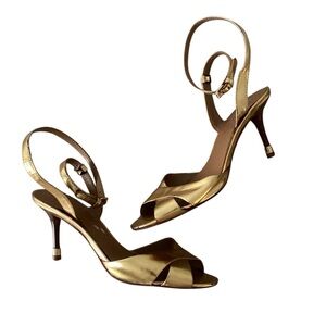 Tory Burch Gold Leather Metallic Strappy Ankle Open Toe Low Heel  ShoesSize 7